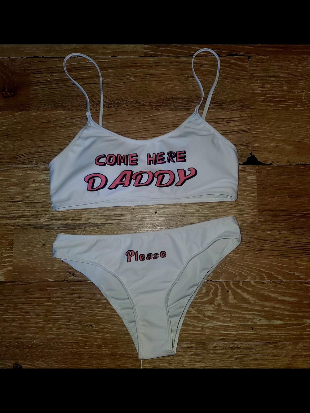 Womens White Two-Piece Swim Set with Pink 'Daddy' Text